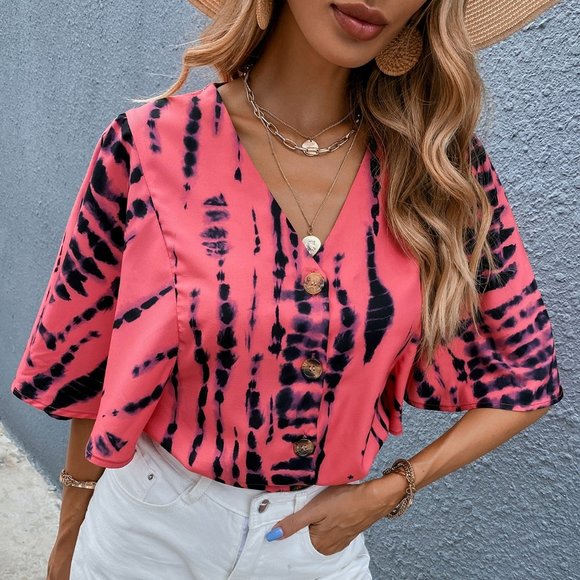 Tops - New Tie Dye Butterfly Sleeve Button Through Blouse Pink
